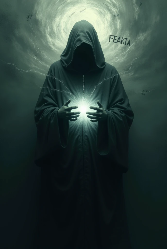 a figure of an individual shrouded in shadows surrounded by floating words like vicious hypocritical fears and others with a bright shining light emerging from his chest wishing to get out of his misery.