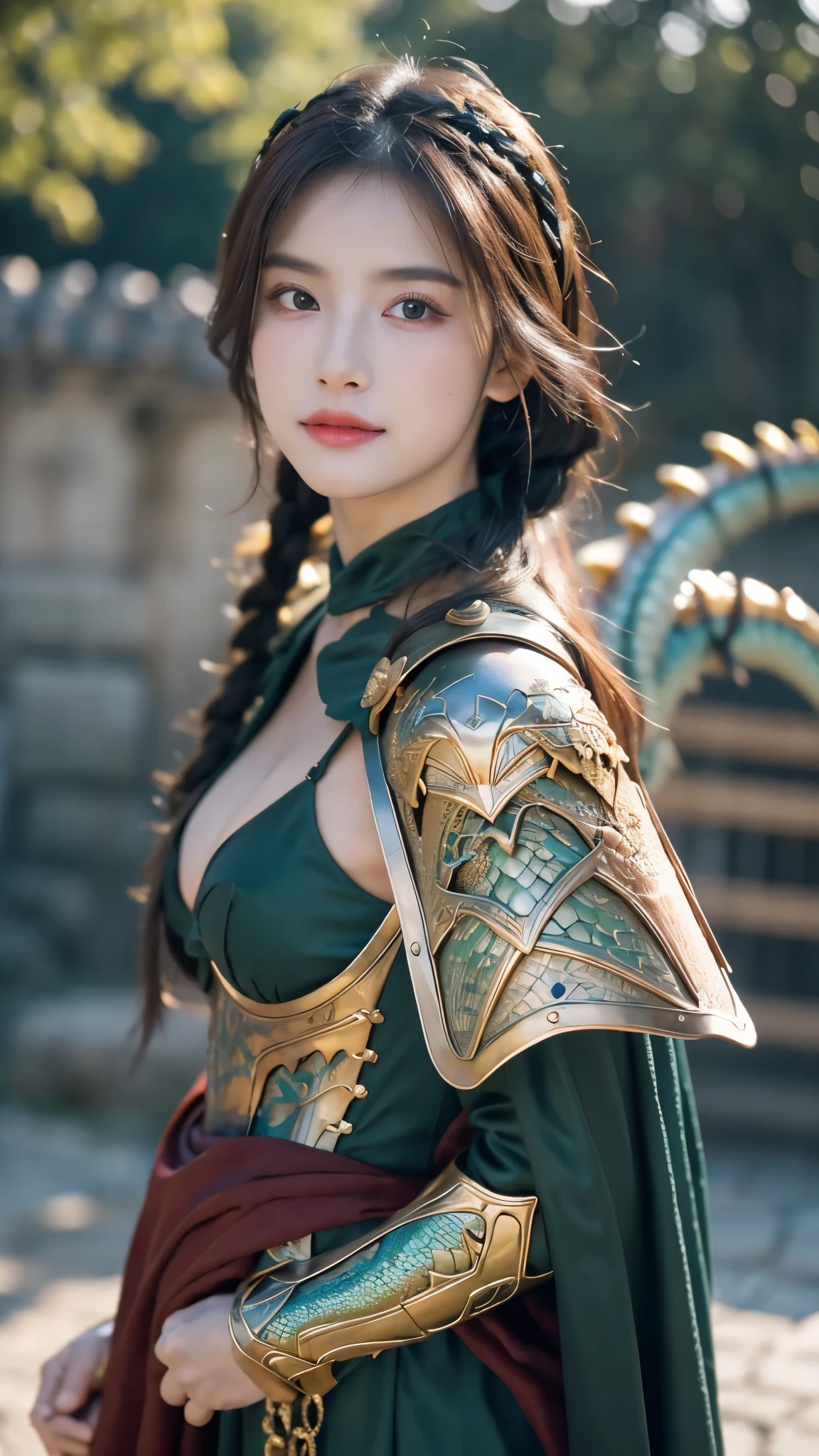 masterpiece, The best quality, Ultra-high resolution, High detail photo, Unity 8K Wallpaper, Extremely detailed CG:1.2), depth of field, bokeh, (RAW photo:1.realistic photography:1.4), (1girl:1.5), young, physically based representation, beautiful, (Finely detailed face:1.4, detailed clothing), (detailed:1.4) named (Eimi Fukada:1.1) BREAK Cara hermosa, depth of field, Add layer, hyperrealistic, 27 years old, perfect body model, perfect breasts, 175cm tall, pose sexy, full body, Whole body, Model Body Type, BREAK (extreme skin details:1.1), skin details, (metal Valkyrie costume:1.3), (cape:1.3), double eyelid BREAK smile, seductive pose, standing, standing outside, medieval house, outdoor, medieval style, (castle:1.3), (close up:0.3), french braids, Nikon Z7 II camera, Fuji Velvia 50 film, 50mm lens, high saturation, (baby dragon:1.5)