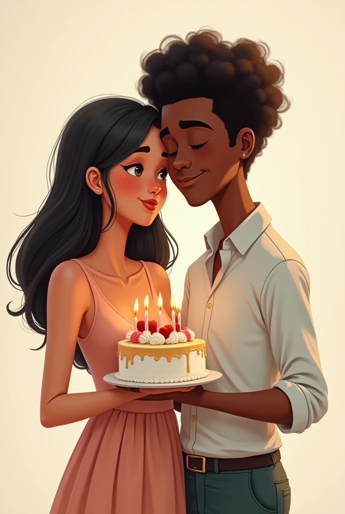 drawing of a cake, with a young couple with a slight smile where the woman is white with straight black hair and the man is black with curly black hair, as if it were a cartoon, the boy can't have a beard and the girl has to have long hair. the drawing has to be animated but a little realistic, the couple has to be leaning against each other and holding the cake smiling, nothing too childish