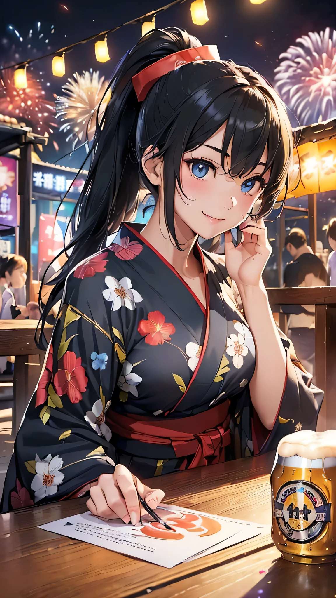 最high quality、Best image quality、masterpiece、With a girl((cute、20-year-old、Best Bust、Medium Bust、Beautiful Blue Eyes、Spread your chest wide,Black Hair、ponytail、Disheveled Hair、thin、Highest Valley、Red yukata、smile、Beer を持つ、Drunk))high quality、Beautiful art、background((night、festival、stall、Fireworks、Beer )),Tabletop、Exquisite design、Visual Arts、Written boundary depth、Best lighting、Highest detail、8k