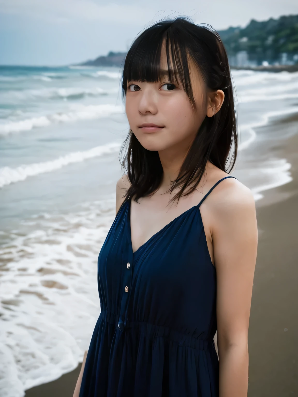 Highest quality,Super detailed,A woman looking at the camera on the beach at Enoshima,Camisole dress style summer dress,Posing for a photo,Distant scenery is blurry