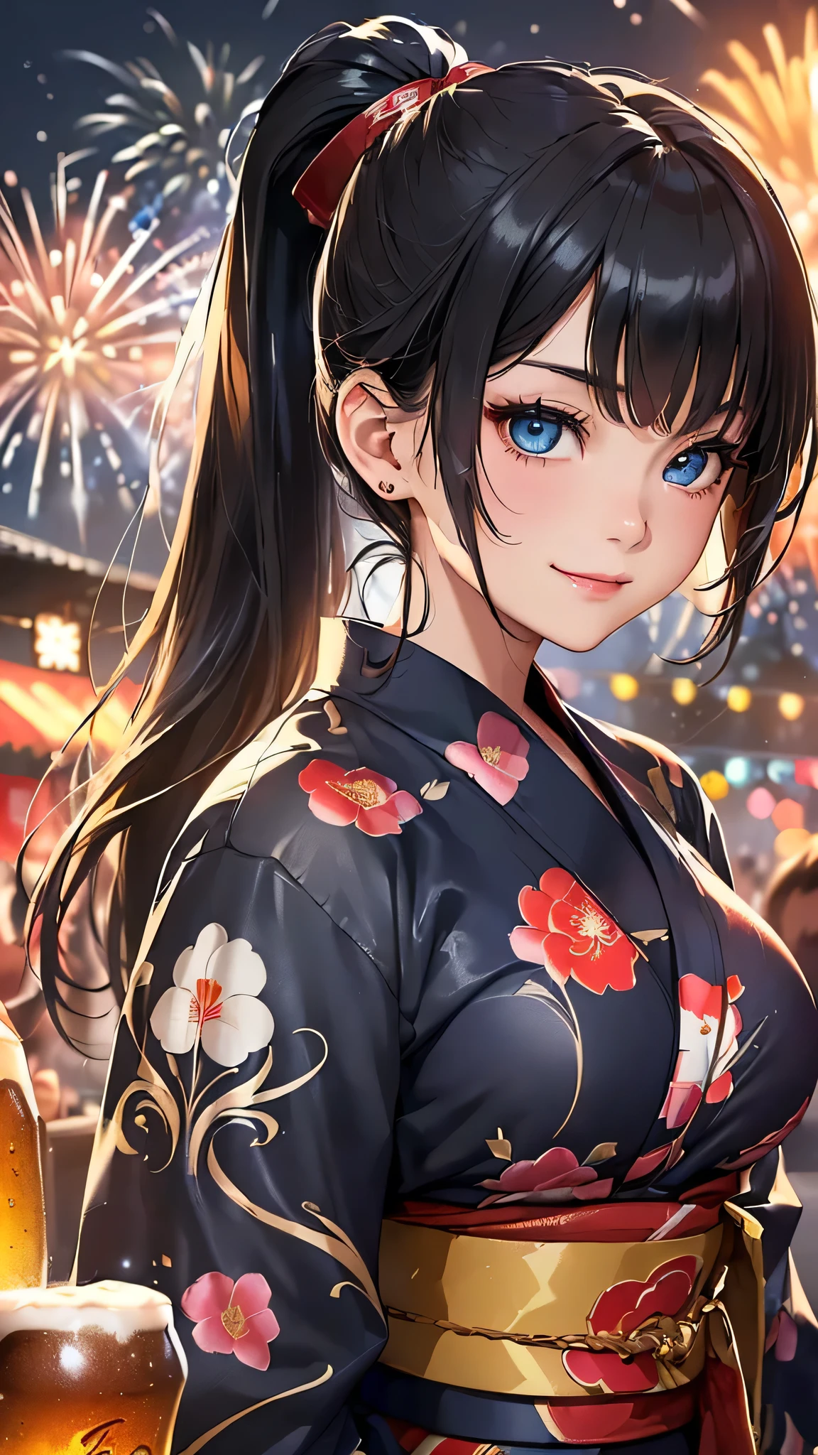 最high quality、Best image quality、masterpiece、With a girl((cute、20-year-old、Best Bust、Medium Bust、Beautiful Blue Eyes、Spread your chest wide,Black Hair、ponytail、Disheveled Hair、thin、Highest Valley、Red yukata、smile、Beer を持つ、Drunk))high quality、Beautiful art、background((night、festival、stall、Fireworks、Beer )),Tabletop、Exquisite design、Visual Arts、Written boundary depth、Best lighting、Highest detail、8k