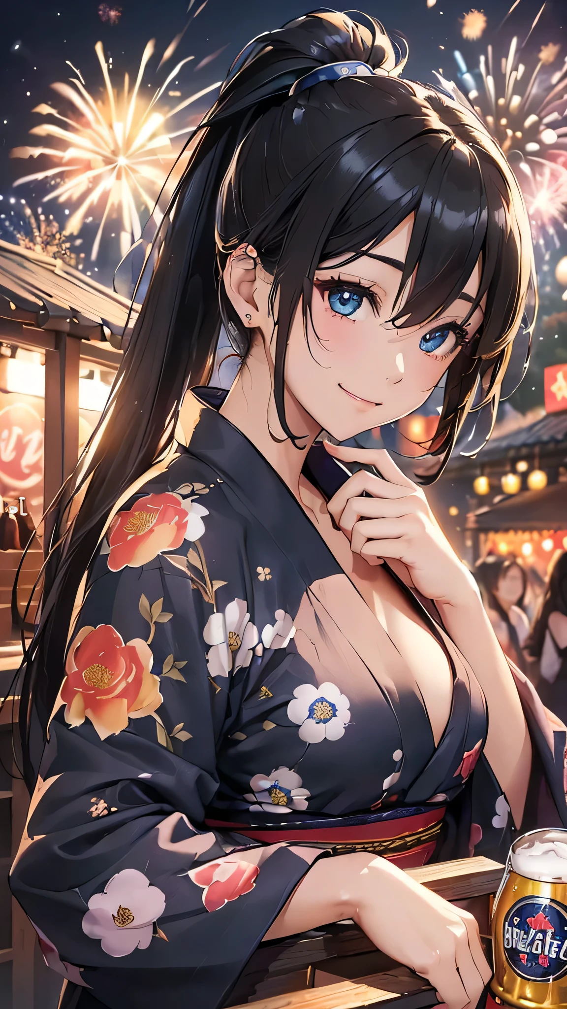 最high quality、Best image quality、masterpiece、With a girl((cute、20-year-old、Best Bust、Medium Bust、Beautiful Blue Eyes、Spread your chest wide,Black Hair、ponytail、Disheveled Hair、thin、Highest Valley、Red yukata、smile、Beer を持つ、Drunk))high quality、Beautiful art、background((night、festival、stall、Fireworks、Beer )),Tabletop、Exquisite design、Visual Arts、Written boundary depth、Best lighting、Highest detail、8k