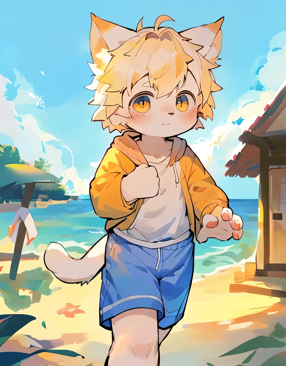 A masterpiece, best quality, Perfect anatomical structure, Bright Eyes, Big watery eyes, From milkytiger1145, author：K0BIT0WANI,Pino Deheny, Carney announced, milkytiger1145, Dagasi, Yes， （boy，Toddler，Shota，Cat，cute，cute，8 year-old，young，antlers，stand up，Beachfront cottages，，During the day，bright，Light Blonde Hair，boy性欲旺盛，Light blue shorts，Sweatshirt，A tail，拟人化雄性Cat）