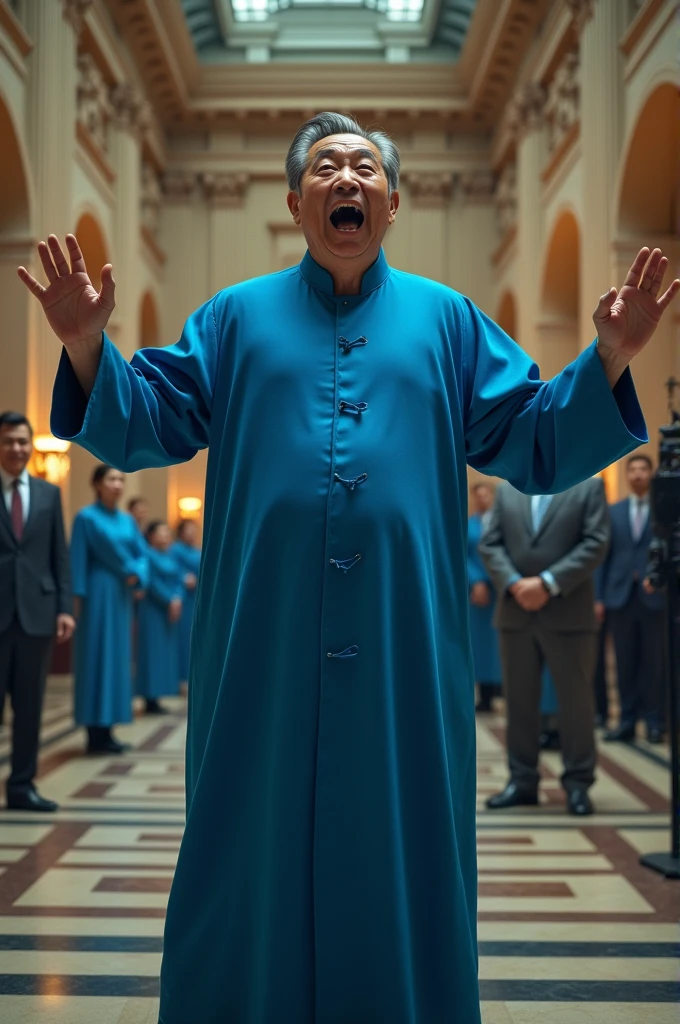 Make a scene in which a Chinese man standing in middle of Australia shouting he is going to kill the whole world ,he wears a blue colour dress and he is middle of government building.also include the dialogue in the picture