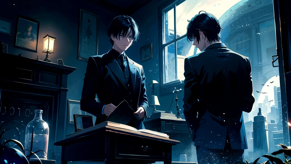Create an illustration of a Boy with black hair and blue eyes, sitting in a chair in front of a desk, Sentimental, Introspective look。, The moonlight gently shines into the room, Gently illuminate the space, Curtains sway in the wind, Increase tranquility, Dark mood, Emphasise the theme of loneliness, silence, And the depths of night, The room is dark、dimly lit by the moonlight