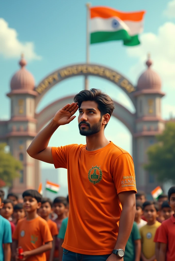 In a bustling town square, 18-year-old Vikram salutes the Indian flag as it's being hoisted. He's wearing a saffron t-shirt with "NARAYAN" embroidered in green on the sleeve. Around him, a diverse group of children wave small flags. A decorative arch in the background says "Happy Independence Day". 4K
