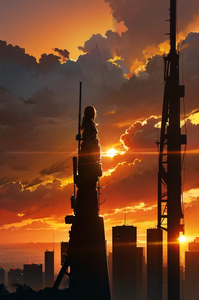 Cityscape, building, Skyline, sunset, Silhouette against a cloud background, meditation. Watching the beautiful sunset, sunset時に, sunset時, sunsetとともに, In the sunset, Nice views, Sunset view, With the sunset, sunset時に, During Golden Hour, looking sunset時に, Sunset in the background, Watching the sunset, In the spotlight, holding_gun, assault_rifle, Very detailed, Brown Hair, Long Hair, Anime Style, whole body, alone, Stylish Gunfighter Girl, Holding a steampunk long barrel pistol,Standing in the wasteland, 8K high resolution, White Background, The background is a dark and desolate landscape, Horror movie atmosphere. Her figure is very beautiful, Emphasizing the dark and crazy elements. Skillfully expressing the effects of light and shadow, Anime girls with guns and rifles, from Girls' Frontline, mechanized soldier girl, Girls' Frontline style