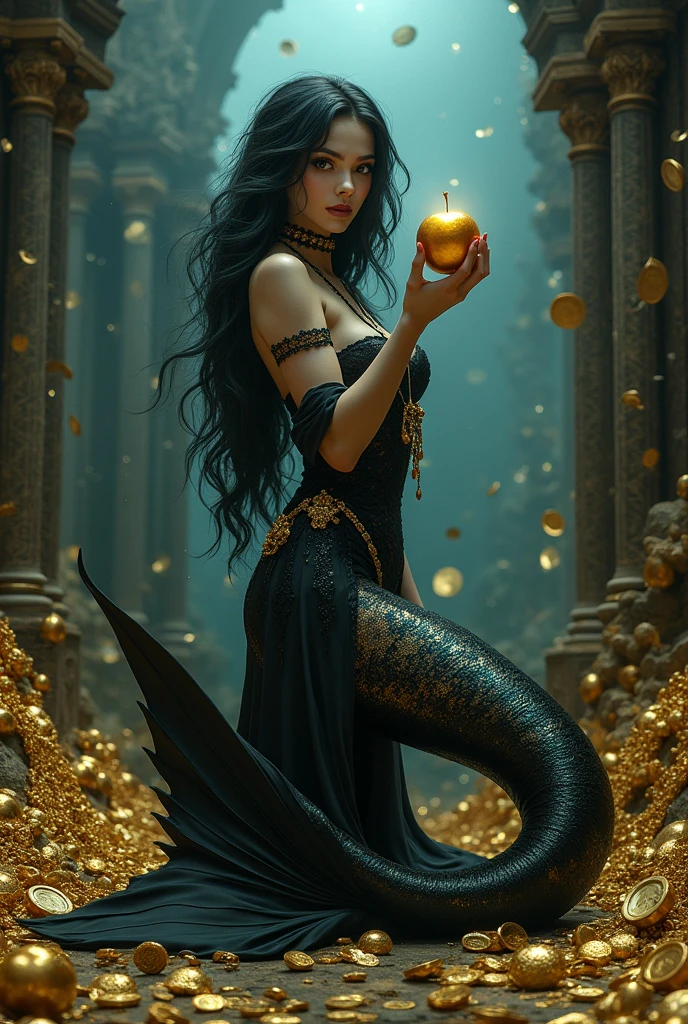A gothic mermaid with a black tail, powerful, with gold and precious things around, holding a golden apple