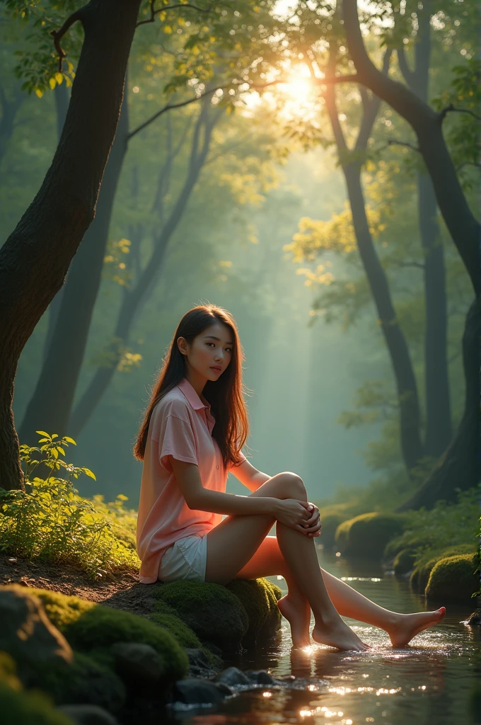 Create 64k photos of a tranquil forest scene at dusk. The forest is bathed in soft, gentle light. There are tall ancient trees. The leaves have a sparkling emerald green color. Low angle portrait. A young woman with a beautiful Thai-Chinese face. ((sexly)) White skin, long brown hair Slim, sexy figure, wearing a pastel pink shirt., white shorts, not wearing shoes She sat gracefully beside the stream. Behind the quiet forest backdrop at dusk The forest was bathed in soft, gentle light. There were tall ancient trees with shimmering leaves. The glitter is emerald green and gold. A stream meanders through forest mildly