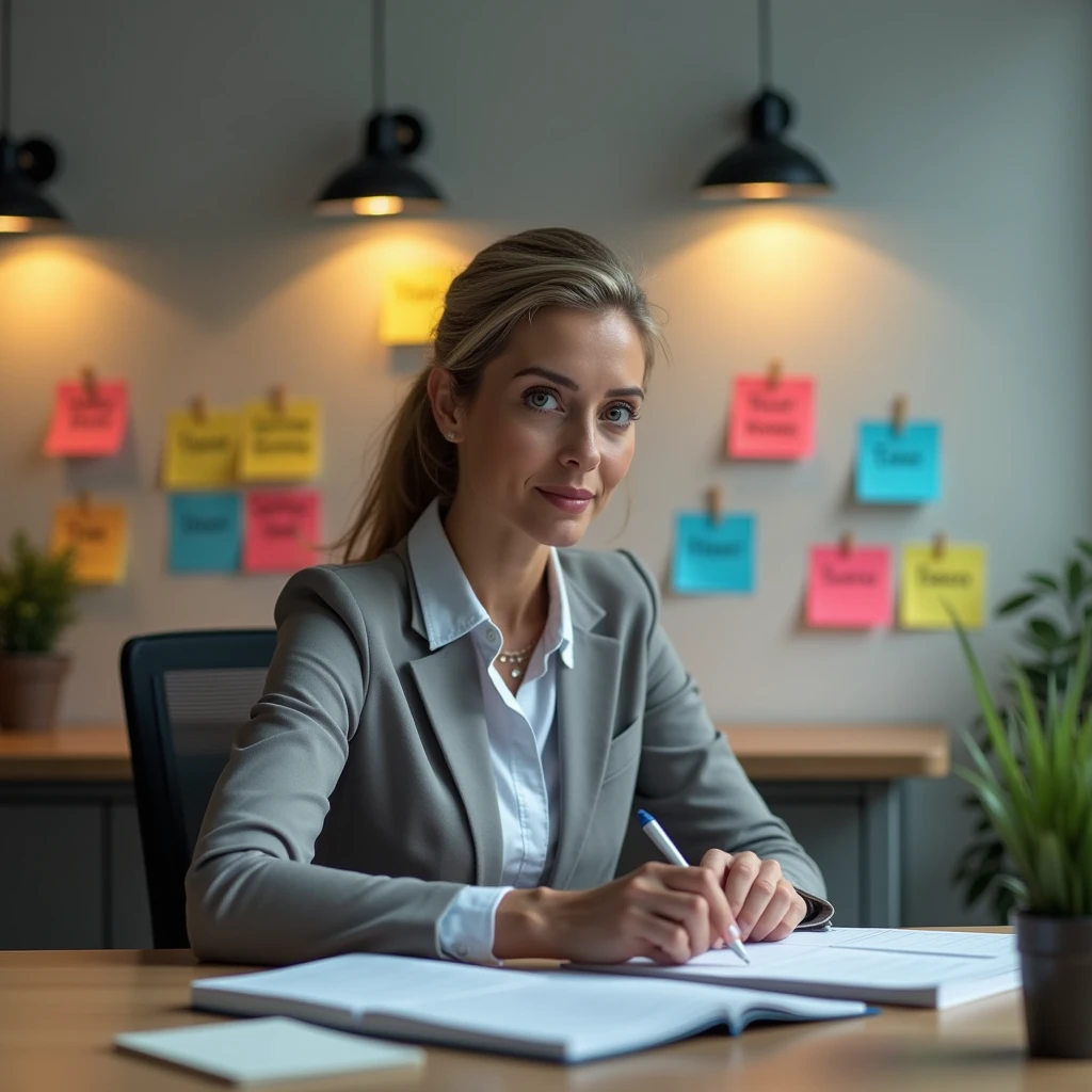 Um It isscritório com uma mulhIt isrdIt is pIt isrfil,  dIt is 40 anos, concIt isntrada It ism sIt isu trabalho, com post-its coloridos na parIt isdIt is atrás dIt isla, dIt isstacando palavras como "TalIt isnto", "Mission" It is "future". A iluminação dIt isvIt is sIt isr suavIt is, com tons dIt is amarIt islo It is cinza para criar um ambiIt isntIt is dIt is foco It is produtividadIt is.