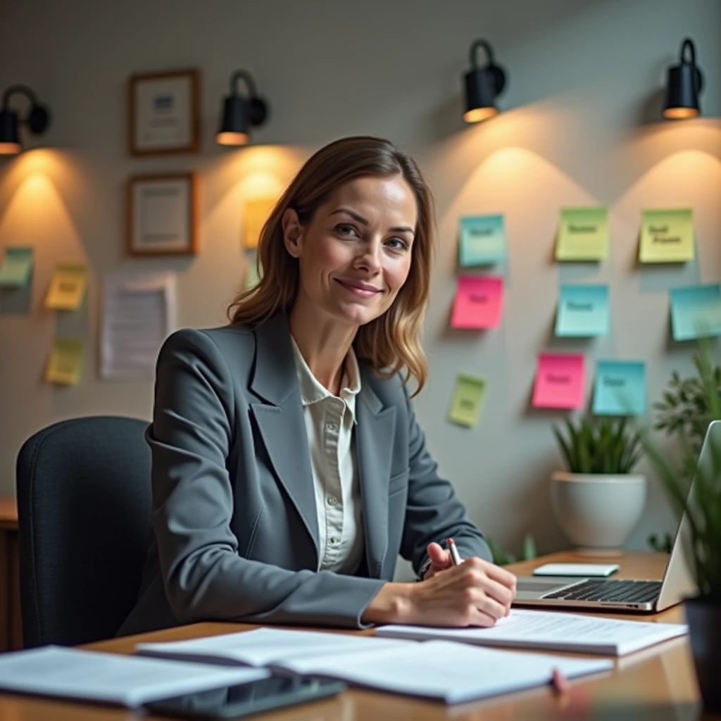 Um It isscritório com uma mulhIt isrdIt is pIt isrfil, dIt is 40 anos, concIt isntrada It ism sIt isu trabalho, com post-its coloridos na parIt isdIt is atrás dIt isla, dIt isstacando palavras como "TalIt isnto", "Mission" It is "future". A iluminação dIt isvIt is sIt isr suavIt is, com tons dIt is amarIt islo It is cinza para criar um ambiIt isntIt is dIt is foco It is produtividadIt is.