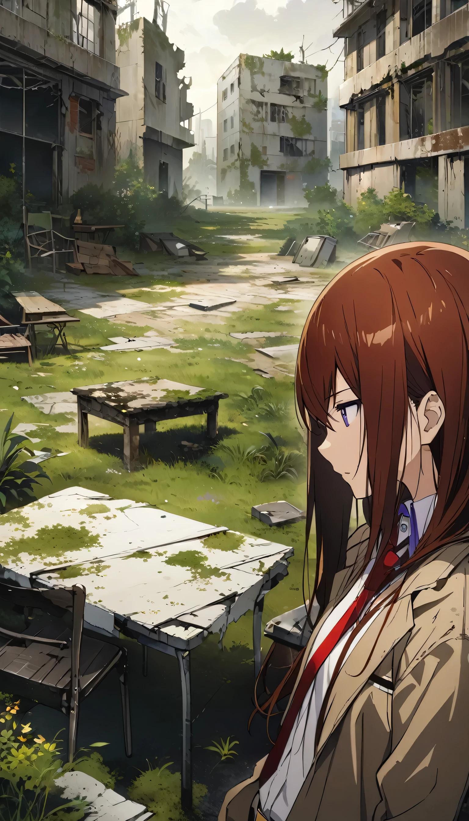 One girl, (makise kurisu, Steinsgate),(((masterpiece))), ((Highest quality)), (Super Detail), (CG illustration), (so beautiful)), Concept art of a post-apocalyptic world with ruins, Lush vegetation, Flat Chest，((The only surviving girl))，The content is very detailed,Detail view，anime，masterpiece，Dilapidated building right sun，Dilapidated classrooms，Shabby table，Broken chair，open air，(Covered in moss and grass)，three、Four&#39;Afternoon Clock，((Remains))，((A girl is sitting in a classroom and looking up into the distance)),side，uniform，Twisted Braid，Vanishing Point, Outlook, Light，Close-up shot