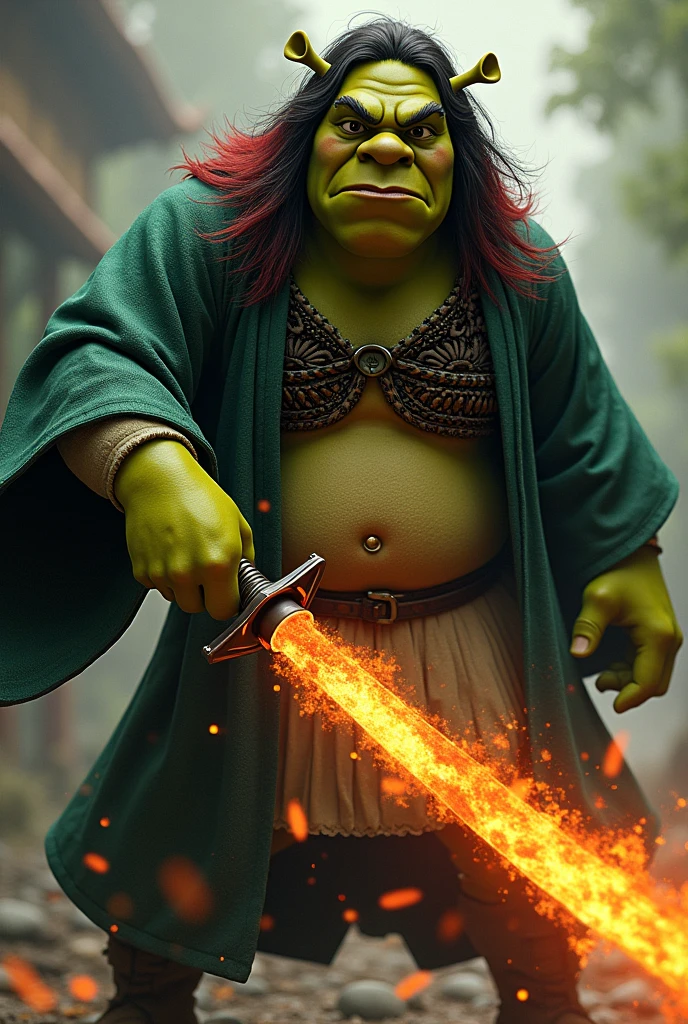 Shrek dressed in green and black checkered kimono, long black hair with red, a katana in his hand on fire, in attack position