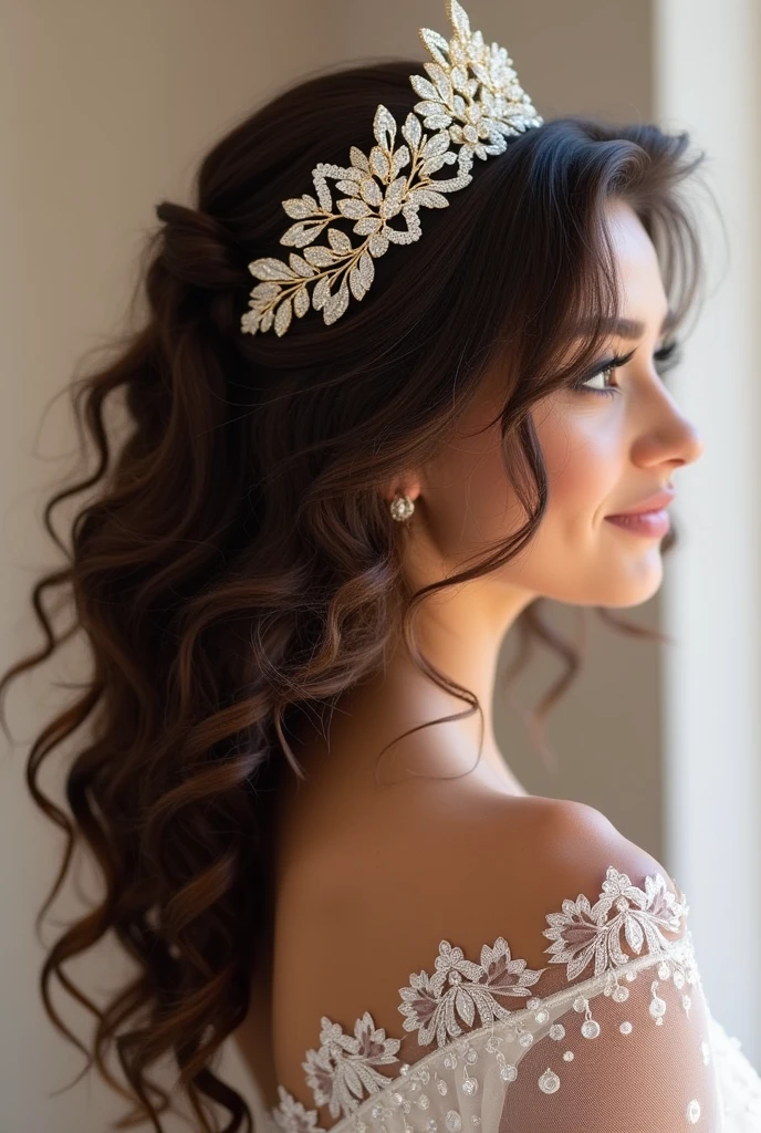 hairstyle for a quinceanera with curly hair with a more aesthetic crown