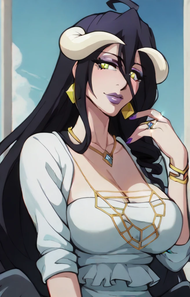 Albedo,Overlord,long curly drill hair,Purple lips,eyeshadow, (Sleeved thin Black frill dress with cleavage),Fullbody,Big breast,Wide hips,Jewel necklace,big chandeller earring,diamond Wedding ring,Detailed face,Bare neck,Enter the hall,Jewel ring,black long nail,professional makeup,Mature,Detailed eyes,curvy figure,gold bracelet,Detailed pupil