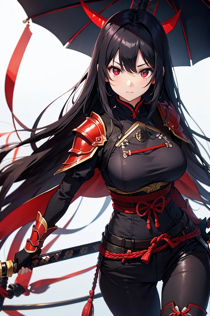 female big breast samurai armor long black hair red eyes sword