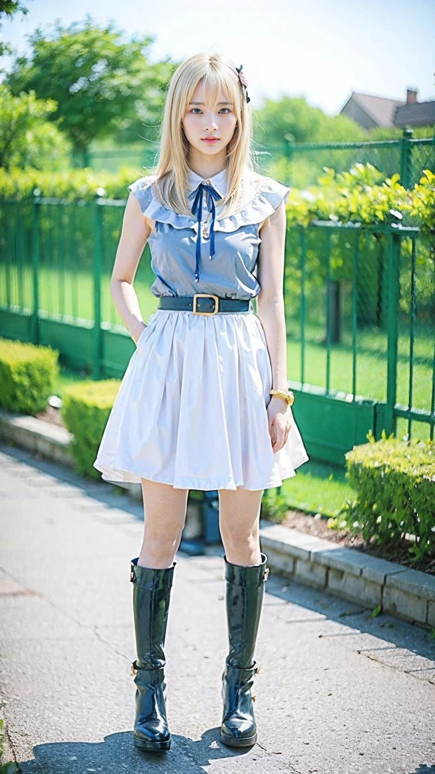 (8k、RAW Photos、Highest quality、masterpiece:1.2)、(Realistic、Realistic)、1 girl、((Blonde、Breast enlargement、ribbon、garden、Thin legs、whole body、boots、View from the front、Looking into the camera、Stand with hands on hips))、cute