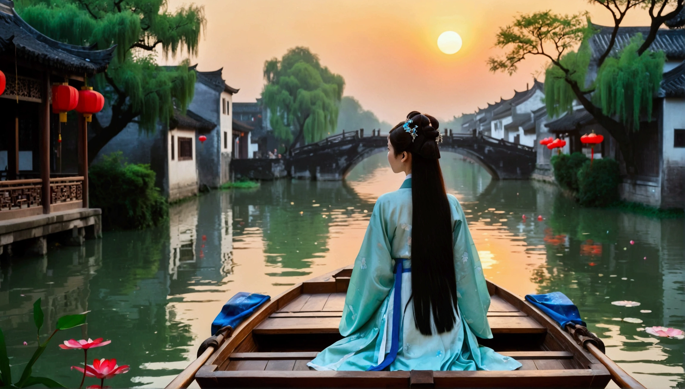 (8k,bright颜色,bright,Ultra high saturation,rgb, rich and colorful), cartoon, role conception, Surreal photos,Fantasy Garden,Aesthetic healing,moon,Star,Beautiful and poetic,Minimalism平面插画,Jiangnan countryside in summer,Beautiful modern Wuzhen,Beautiful long-haired girl sitting in a boat,Wearing modern Hanfu,Behind is a crowded stone bridge,Super happy,joy,The skyline in the distance,A fusion of ancient and modern,Bustling tourist crowd,Full of poetry,Clean background,Dynamic,Hazy feeling,Layering,Has a stunning visual effect,Fascinating lighting,Bright and vivid colors,Chiaroscuro,Wu Guanzhong Style,Flat,Minimalism,high quality,High Detail,HD晰,masterpiece,masterpiece,The painting style is meticulous,Refreshing colors,HD,in the style of Pre-Raphaelite Brotherhood