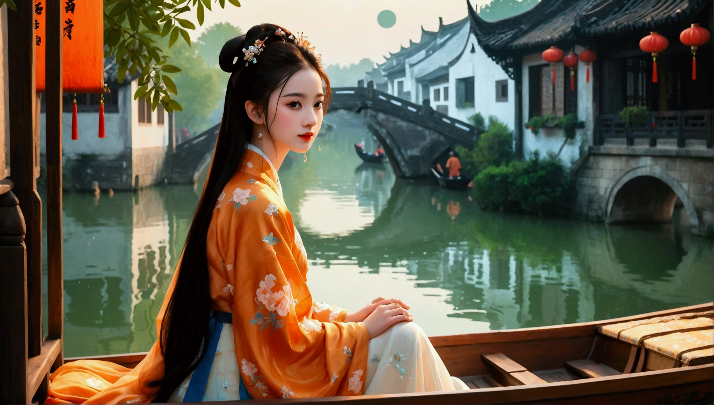 (8k,bright颜色,bright,Ultra high saturation,rgb, rich and colorful), cartoon, role conception, Surreal photos,Fantasy Garden,Aesthetic healing,moon,Star,Beautiful and poetic,Minimalism平面插画,Jiangnan countryside in summer,Beautiful modern Wuzhen,Beautiful long-haired girl sitting in a boat,Wearing modern Hanfu,Behind is a crowded stone bridge,Super happy,joy,The skyline in the distance,A fusion of ancient and modern,Bustling tourist crowd,Full of poetry,Clean background,Dynamic,Hazy feeling,Layering,Has a stunning visual effect,Fascinating lighting,Bright and vivid colors,Chiaroscuro,Wu Guanzhong Style,Flat,Minimalism,high quality,High Detail,HD晰,masterpiece,masterpiece,The painting style is meticulous,Refreshing colors,HD,in the style of Pre-Raphaelite Brotherhood