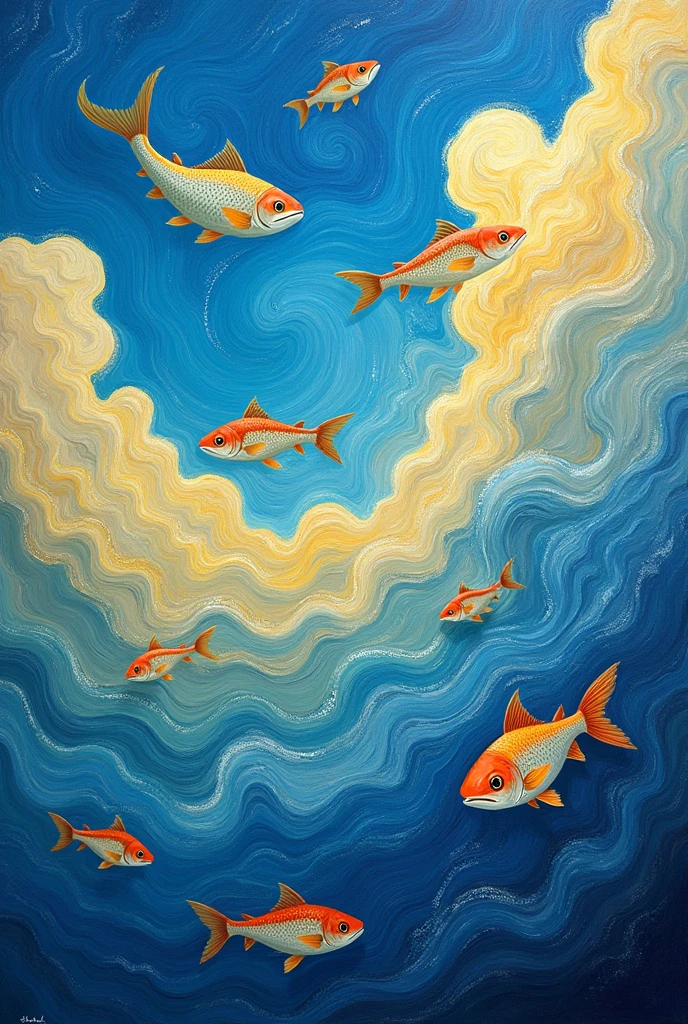 You can make a Van Gogh-type painting of the sky where the fish swim in the clouds.