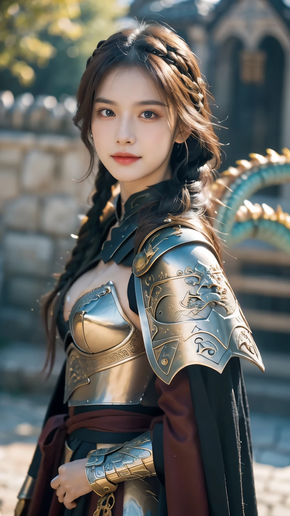 masterpiece, The best quality, Ultra-high resolution, High detail photo, Unity 8K Wallpaper, Extremely detailed CG:1.2), depth of field, bokeh, (RAW photo:1.realistic photography:1.4), (1girl:1.5), young, physically based representation, beautiful, (Finely detailed face:1.4, detailed clothing), (detailed:1.4) named (Eimi Fukada:1.1) BREAK Cara hermosa, depth of field, Add layer, hyperrealistic, 27 years old, perfect body model, perfect breasts, 175cm tall, pose sexy, full body, Whole body, Model Body Type, BREAK (extreme skin details:1.1), skin details, (metal Valkyrie costume:1.3), (cape:1.3), double eyelid BREAK smile, seductive pose, standing, standing outside, medieval house, outdoor, medieval style, (castle:1.3), (close up:0.3), french braids, Nikon Z7 II camera, Fuji Velvia 50 film, 50mm lens, high saturation, (small dragon:1.5)