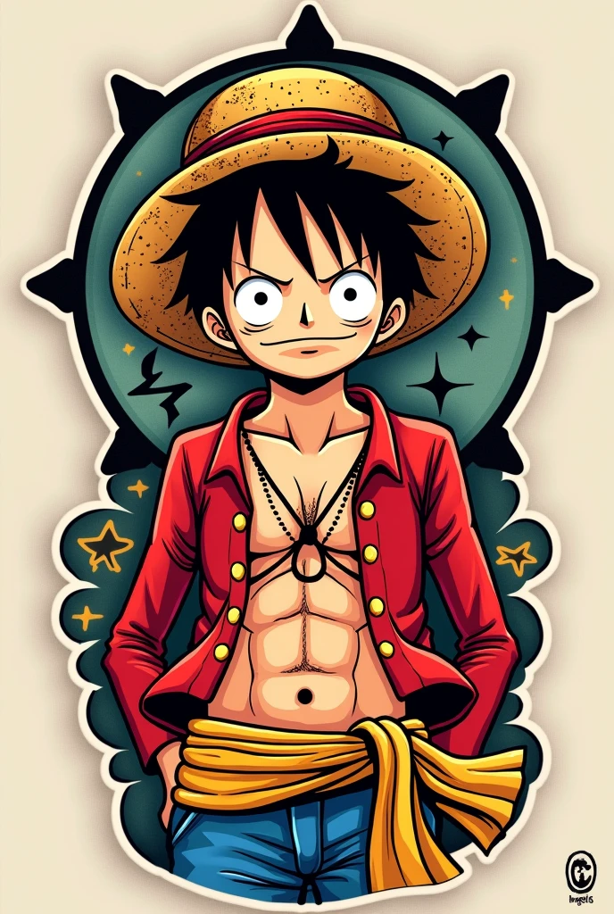 Tattoo drawing Luffy Traper star. In the style of Sailor Jerry. American traditional tattoo. Sticker with outline.