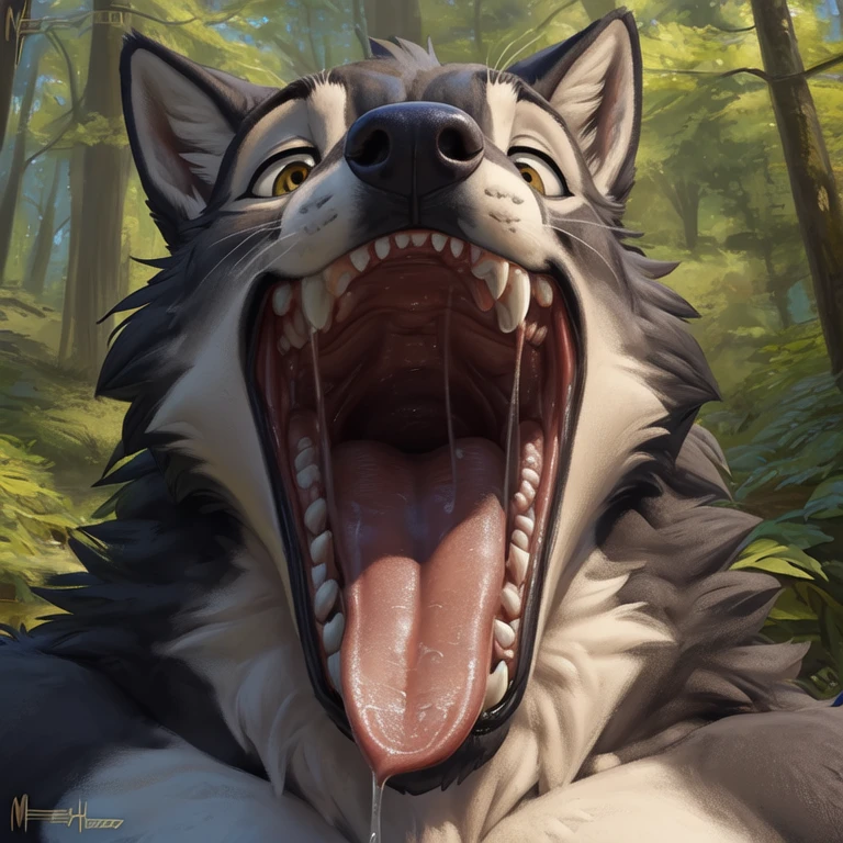 uploaded on e621, anthro, nsfw, explicit, explict, wolf, high res, (detailed realistic image:1.3), impasto impressionism, insane details, soft, (male:1), (realistic:1), vibrant colors, full color, (3d:1), (highly detailed:1.2), masterpiece, 8k uhd, (first person view), forest, open big mouth, fangs, saliva, (detailed wolf mouth, detailed tongue:1), excessive saliva string, (maw shot, super close up:1.4), tonge out ((white)), ((by zaush, (by meesh))), (by spectrumshift), (((by Nummynumz))), ((by fluff kevlar)), (male)