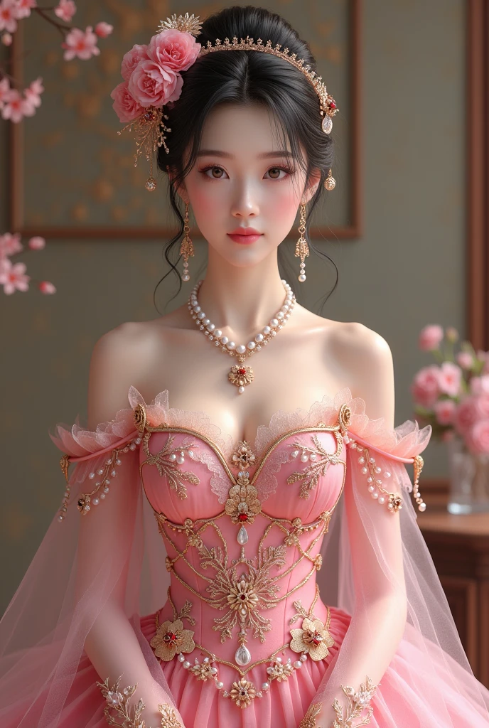 An elegant, mature young woman wearing a pink lolita outfit。Full body front view、Asian、The skin is relatively white、Luxurious clothing、Silky transparent lace on the clothes、Gold wire trim、Jewelry decoration、A pearl necklace hangs around her neck。