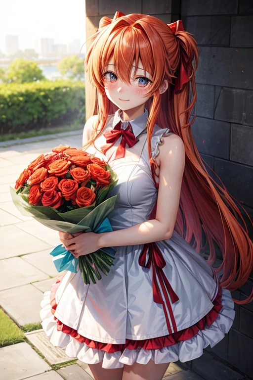 generates a blushing Asuka Langley Soryu taking a bouquet of flowers, Looking towards the camera, throw, in love, happy