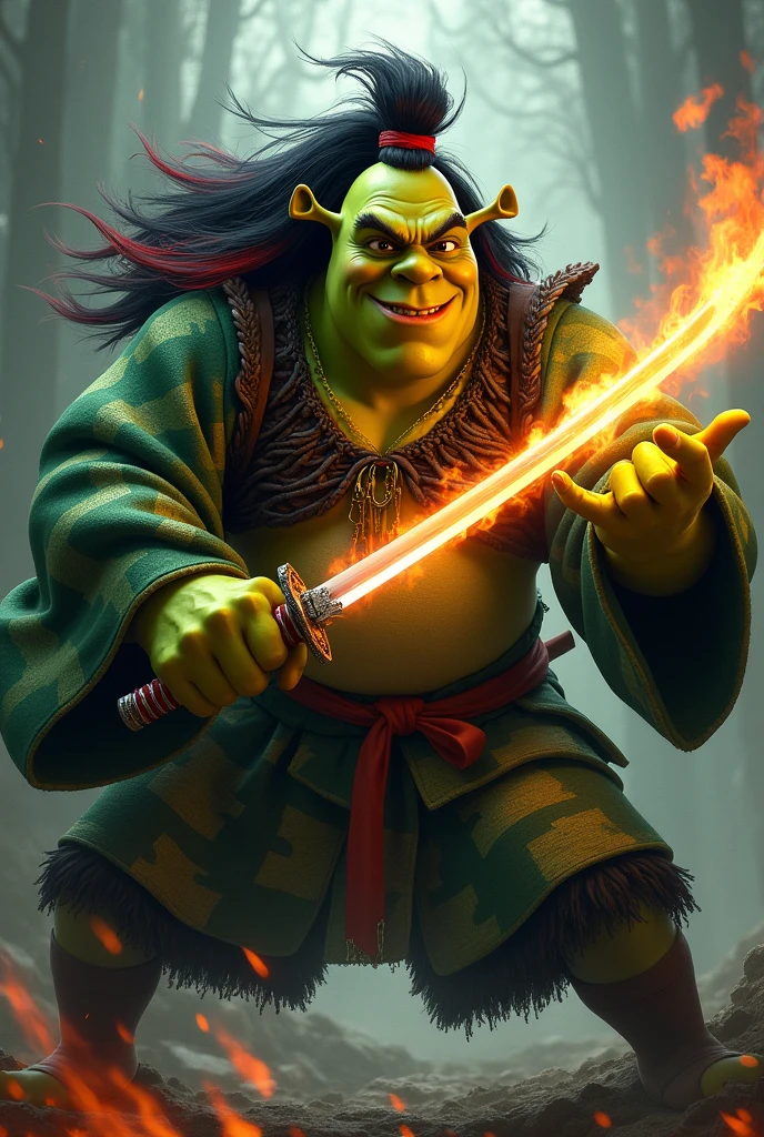 Shrek dressed in green and black checkered kimono, long black hair with red, a katana in his hand on fire, in attack position 

