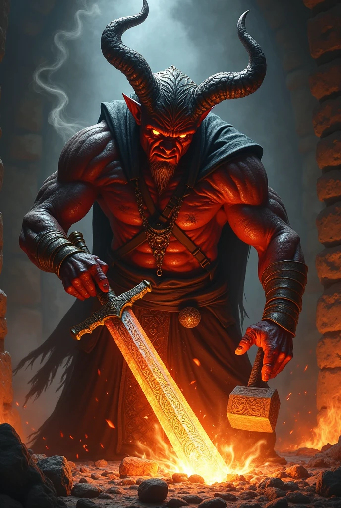 a demon masterd swordsmitg forging a sword