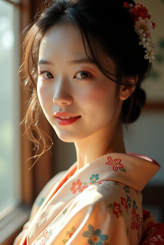 An elegantly dressed Japanese woman in natural light、A close-up of her chest and calm expression.、It shows her inner peace and outer charm.。