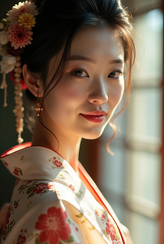 An elegantly dressed Japanese woman in natural light、A close-up of her chest and calm expression.、It shows her inner peace and outer charm.。