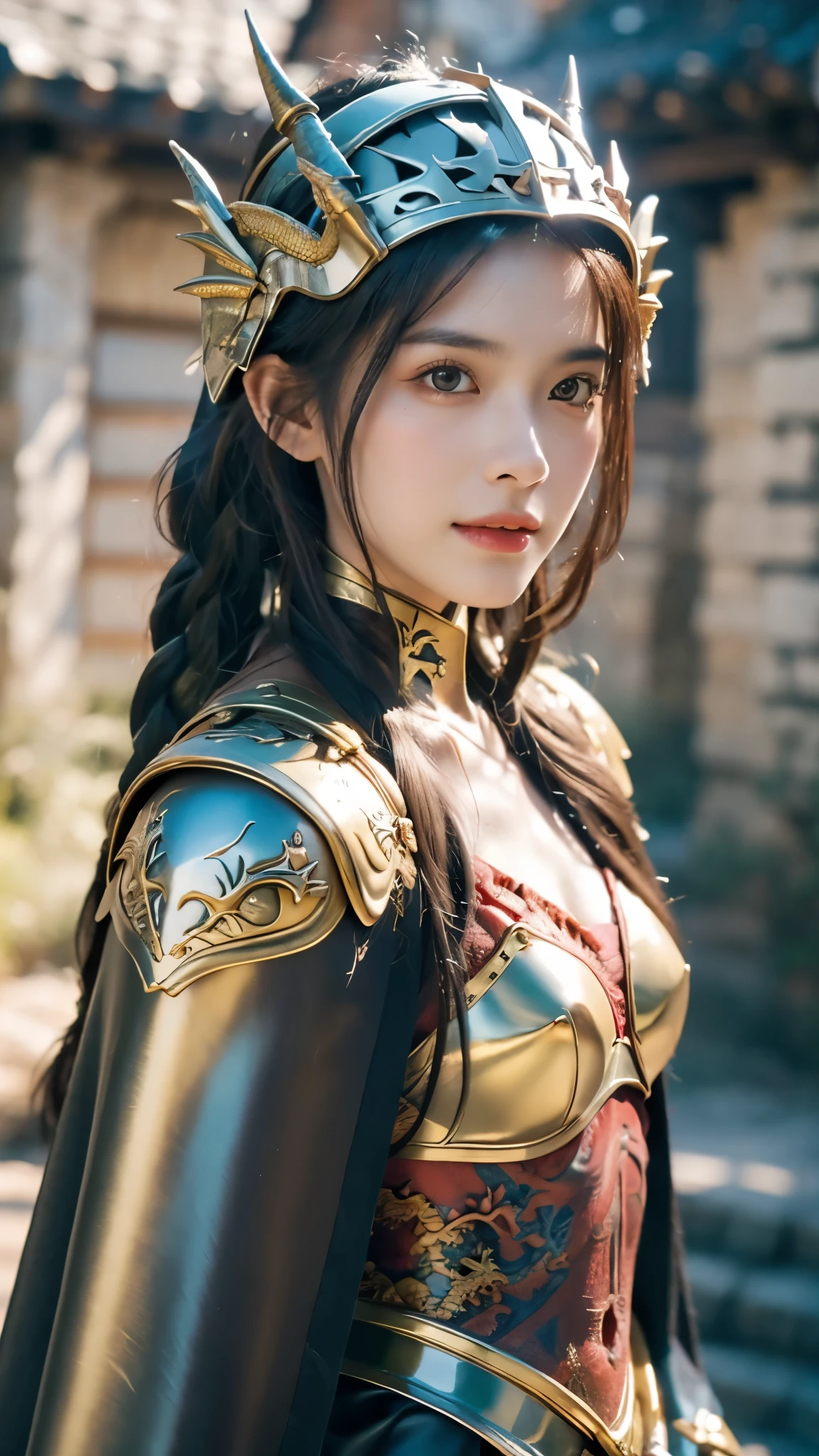 masterpiece, The best quality, Ultra-high resolution, High detail photo, Unity 8K Wallpaper, Extremely detailed CG:1.2), depth of field, bokeh, (RAW photo:1.realistic photography:1.4), (1girl:1.5), young, physically based representation, beautiful, (Finely detailed face:1.4, detailed clothing), (detailed:1.4) named (Eimi Fukada:1.1) BREAK Cara hermosa, depth of field, Add layer, hyperrealistic, 27 years old, perfect body model, perfect breasts, 175cm tall, pose sexy, full body, Whole body, Model Body Type, BREAK (extreme skin details:1.1), skin details, (metal Valkyrie costume:1.3), (cape:1.3), (helmet:1.3), double eyelid BREAK smile, seductive pose, standing, standing outside, medieval house, outdoor, medieval style, (castle:1.3), (close up:0.3), french braids, Nikon Z7 II camera, Fuji Velvia 50 film, 50mm lens, high saturation, (small dragon:1.5)