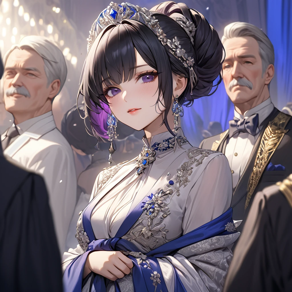 ((Highest quality)), ((masterpiece)), (detailed), （Perfect Face）、The woman is Shinobu Kocho, a Russian with black hair in a purple gradient bob style, tied up in a formal evening hairstyle.、The woman is a member of the United Russia party and is beautifully dressed in the fine attire and luxurious accessories appropriate for a party member.、She is a member of the United Russia Party, dedicated to the cause of a great United Russia, and deeply respects and worships the leader of the Great Russian Party.