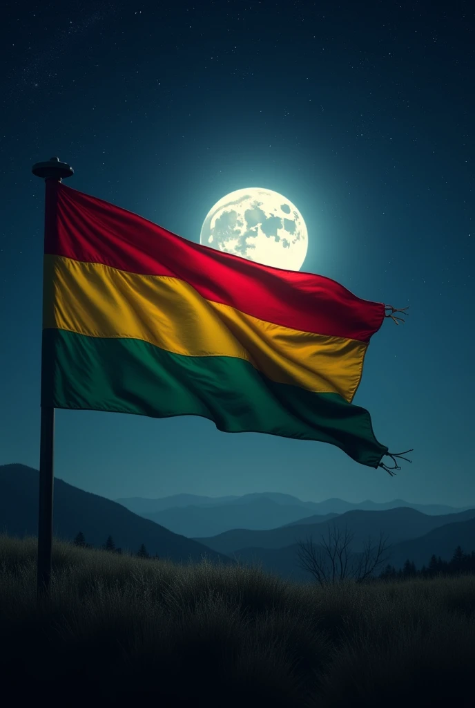 Bolivia waving at night with the moon in the background