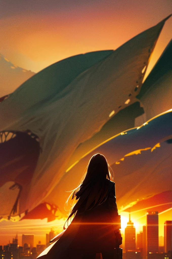 Cityscape, building, Skyline, sunset, Silhouette against a cloud background, meditation. Watching the beautiful sunset, sunset時に, sunset時, sunsetとともに, In the sunset, Nice views, Sunset view, With the sunset, sunset時に, During Golden Hour, looking sunset時に, Sunset in the background, Watching the sunset, In the spotlight, holding_gun, assault_rifle, Very detailed, Brown Hair, Long Hair, Anime Style, whole body, alone, Stylish Gunfighter Girl, Holding a steampunk long barrel pistol,Standing in the wasteland, 8K high resolution, White Background, The background is a dark and desolate landscape, Horror movie atmosphere. Her figure is very beautiful, Emphasizing the dark and crazy elements. Skillfully expressing the effects of light and shadow, Anime girls with guns and rifles, from Girls&#39; Frontline, mechanized soldier girl, Girls&#39; Frontline style