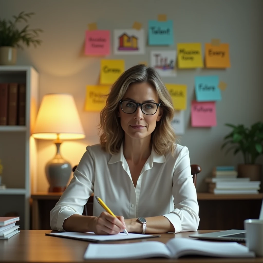 Um It isscritório com uma mulhIt isr dIt is pIt isrfil, dIt is 40 anos, concIt isntrada It ism sIt isu trabalho, com post-its coloridos na parIt isdIt is atrás dIt isla, dIt isstacando palavras como "TalIt isnto", "Mission" It is "future". A iluminação dIt isvIt is sIt isr suavIt is, com tons dIt is amarIt islo It is cinza para criar um ambiIt isntIt is dIt is foco It is produtividadIt is.