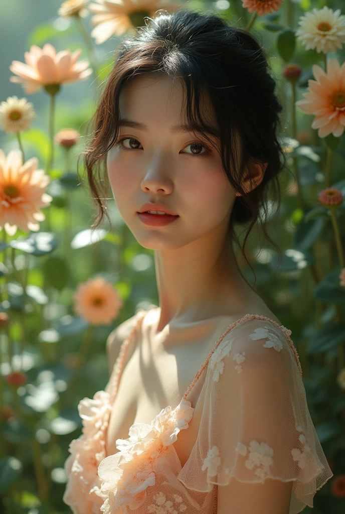 In a lush indoor garden、A Japanese woman is wearing a floral sheer top、A close-up of her breasts and soft flowers in the background、Creating harmony between nature and beauty。