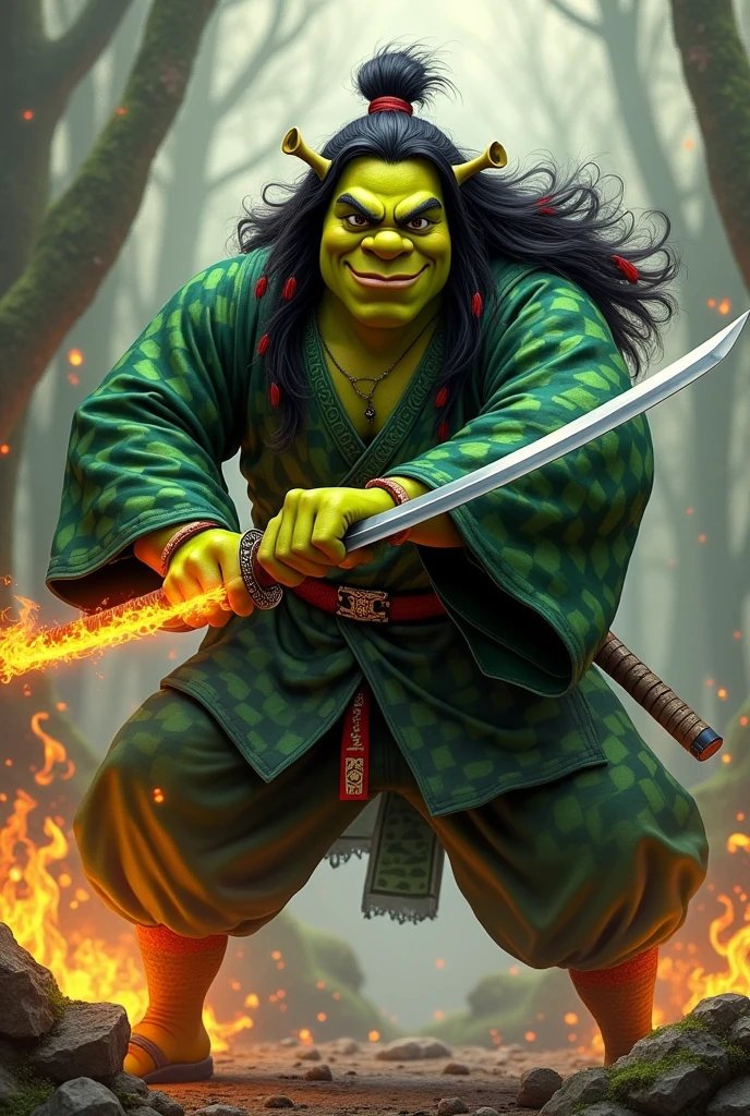 Shrek dressed in green and black checkered kimono, long black hair with red, a katana in his hand on fire, in attack position 

