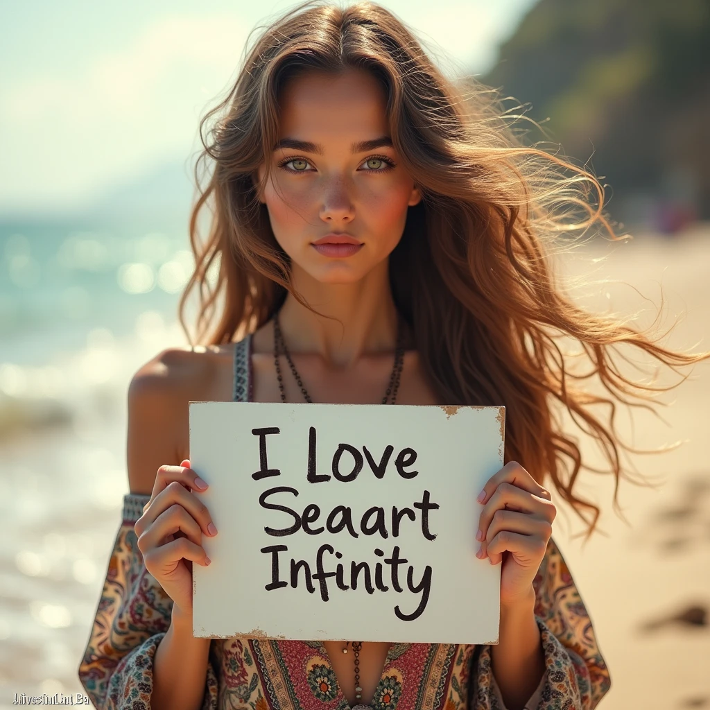 Beautiful girl with wavy long hair, bohemian dress, holding a white board with text "I Love Seaart Infinity" and showing it to the viewer