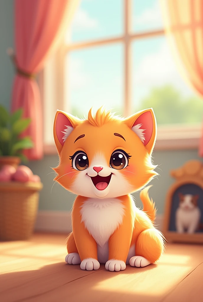 cute kitten and , 8k, cartoon, happy, home, love