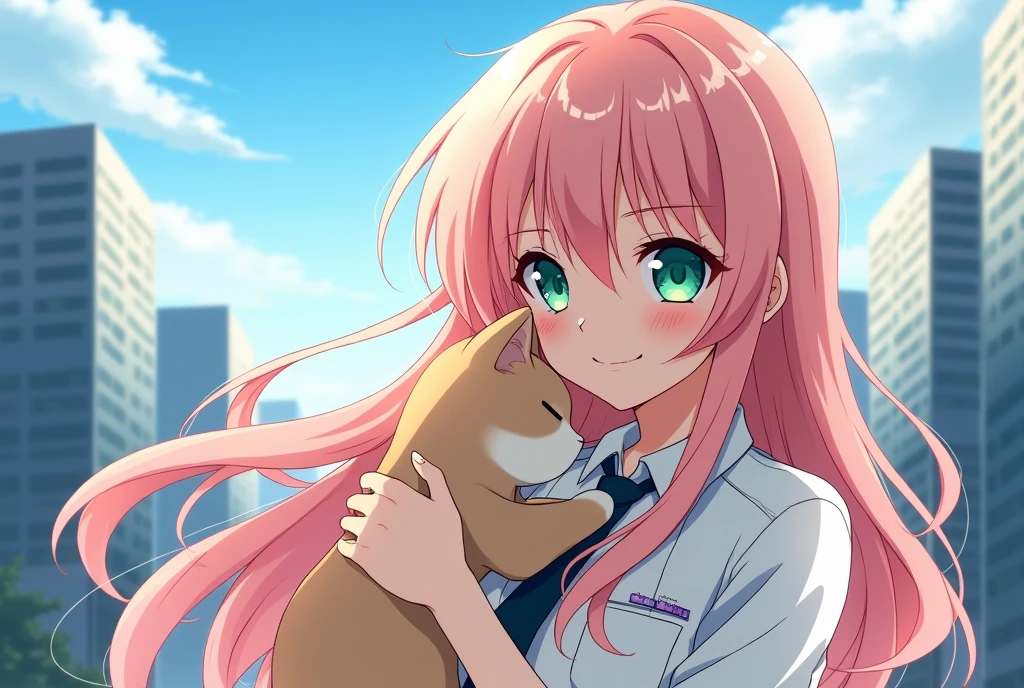 Anime-style illustration, young woman with long pink hair and vivid green eyes, holding a cat tenderly. White shirt and dark tie, possibly a uniform. Urban cityscape background with blue sky and skyscrapers. Soft lighting, warm atmosphere. Highly detailed art style with emphasis on character expression and emotional connection with the animal.