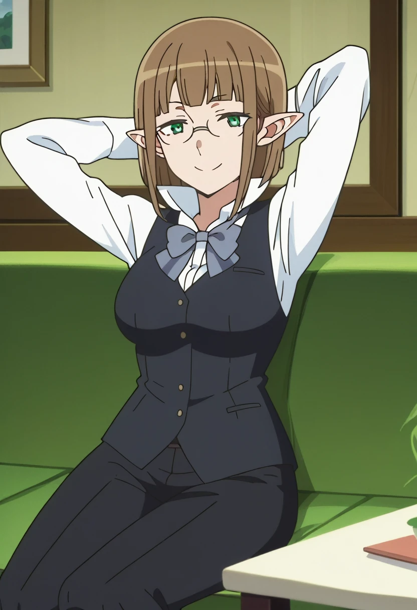 Eina Tulle, anime screencap, glasses, sitting on sofa, light smile, relaxing, black vest, white shirt, elven ears, black pants, arms behind head,