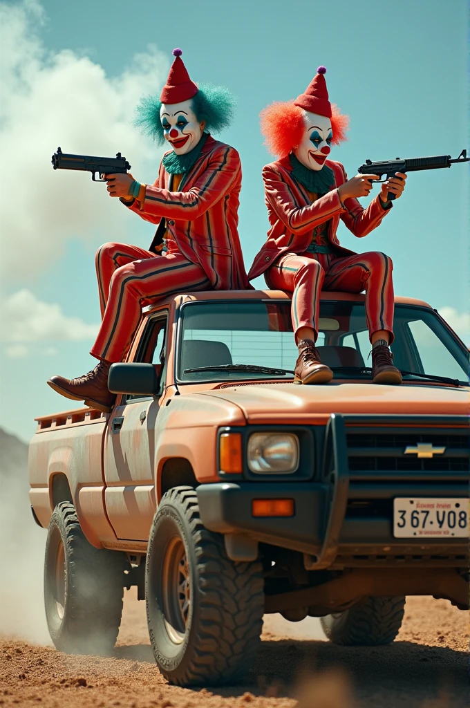Two clowns with mini uzis sitting on top of a ranger truck smoking weed 