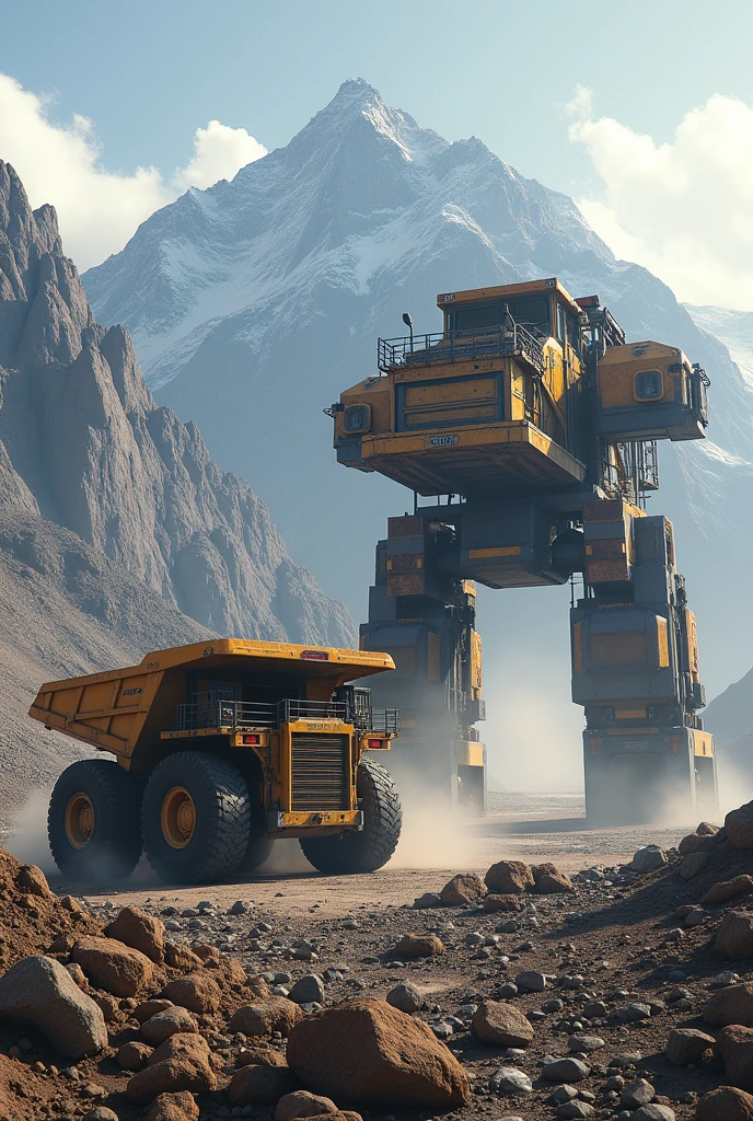 Open mine image of mine truck and excavator with mountain background