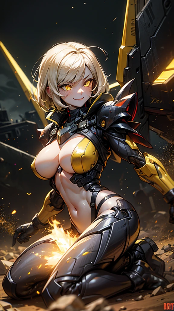 (girl), naked, rough skin, (glowing yellow eyes), boobs, fair skin, slightly reflective skin, (malicious smiling), war, warzone, trench, (bullets flying in background), (dirt particles flying), explosions in background, (night)