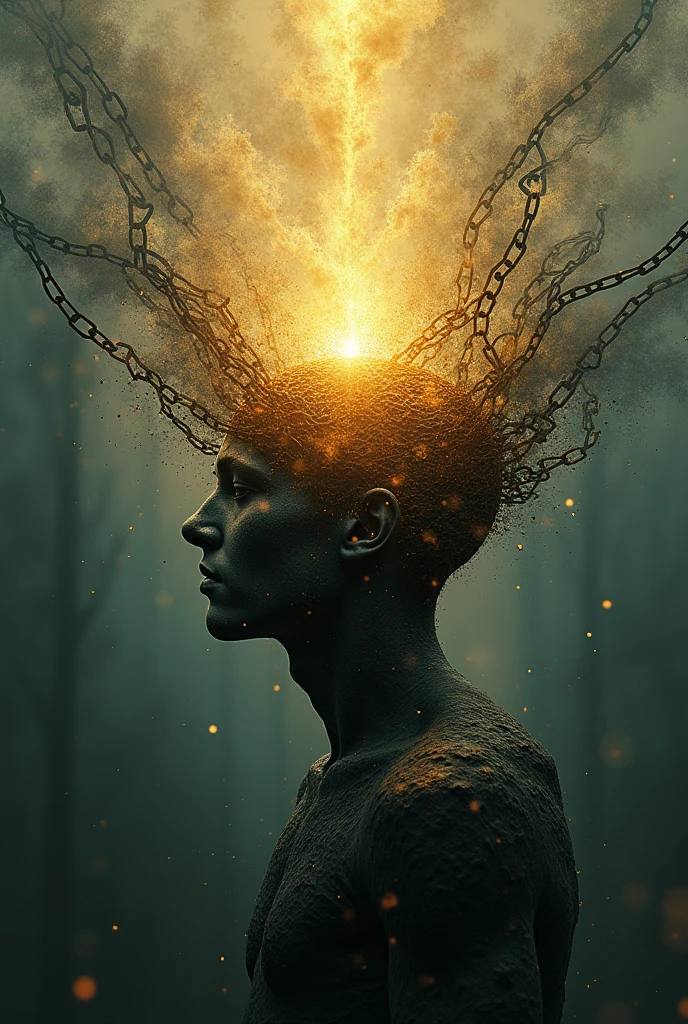 an abstract decade where a mind is wrapped in chains that break little by little while a golden light emerges from the center representing the process of catharsis and mental and emotional liberation.