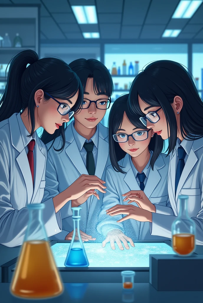 Four people in a laboratory, all with black hair, two men but one wears glasses, and two women but one wears glasses.